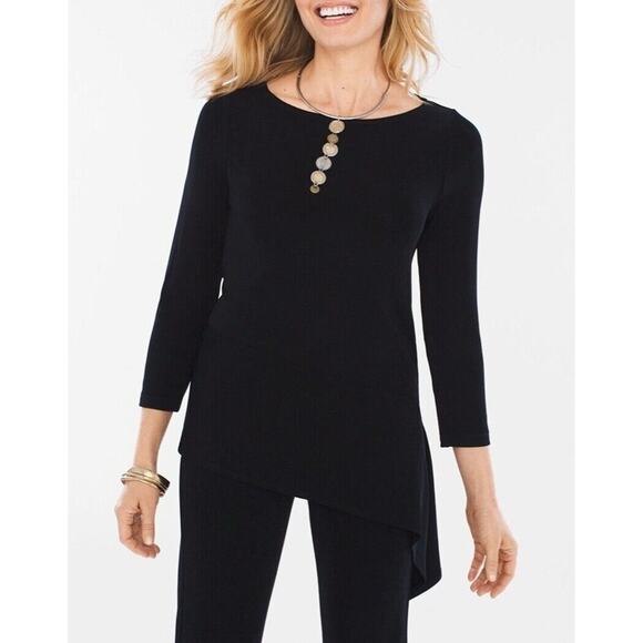WOMEN'S CHICO'S TRAVELERS SOLID BLACK 3/4 SLEEVE ASYMMETRICAL HEM TOP SIZE 3 XL - Picture 1 of 7
